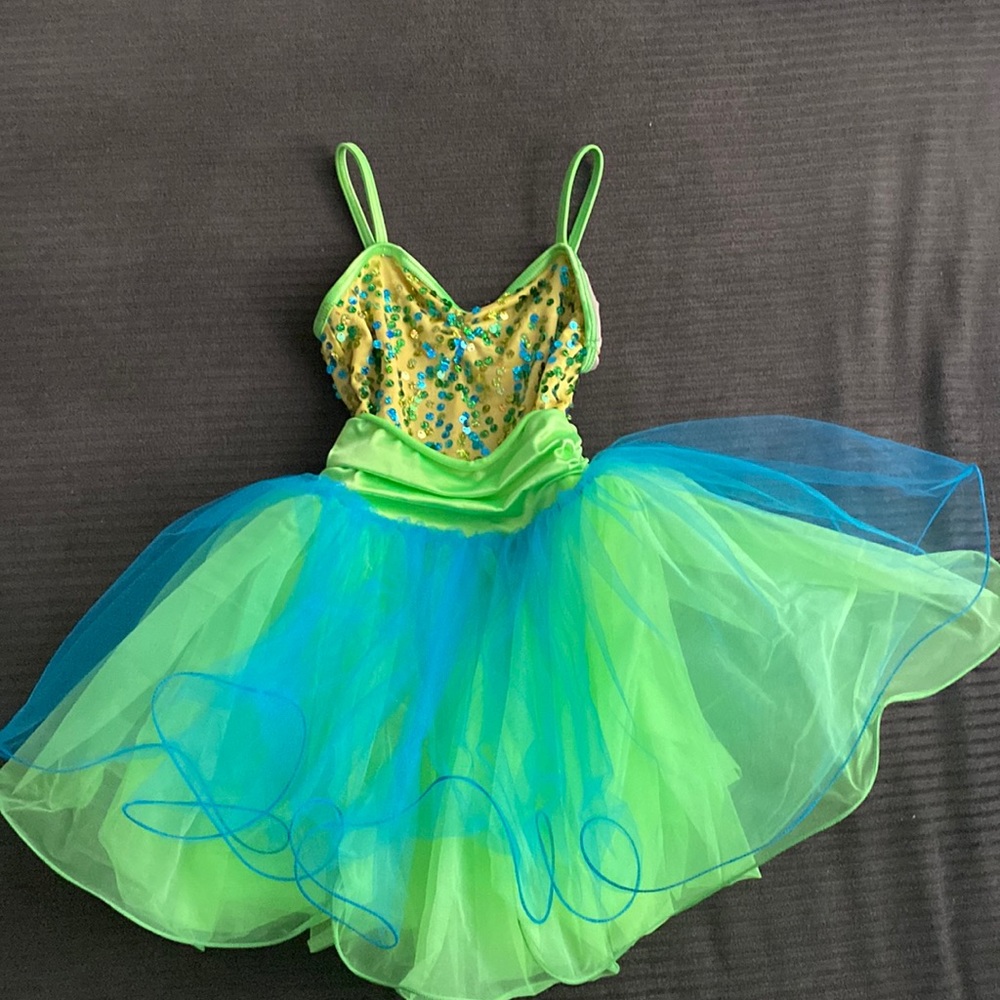 Green, blue and gold sequin dress